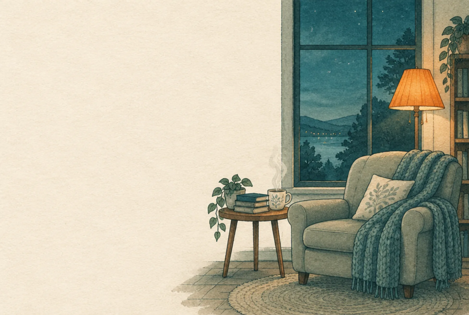 A cosy armchair with a knitted blanket, a lamp glowing orange and a window onto a blue evening sky