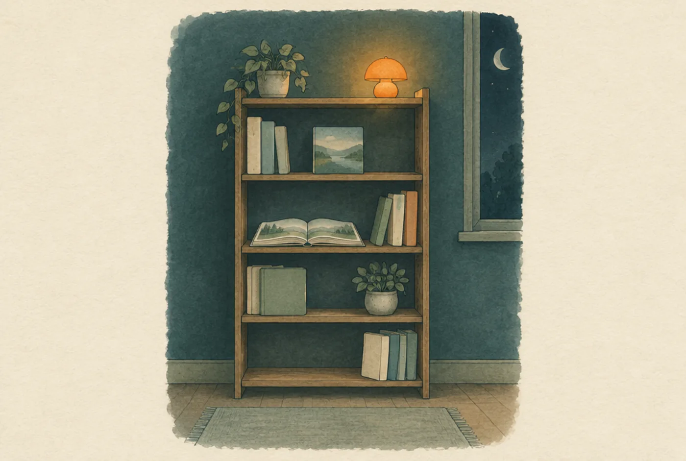 A wooden bookshelf at night with a small orange lamp on the top shelf
